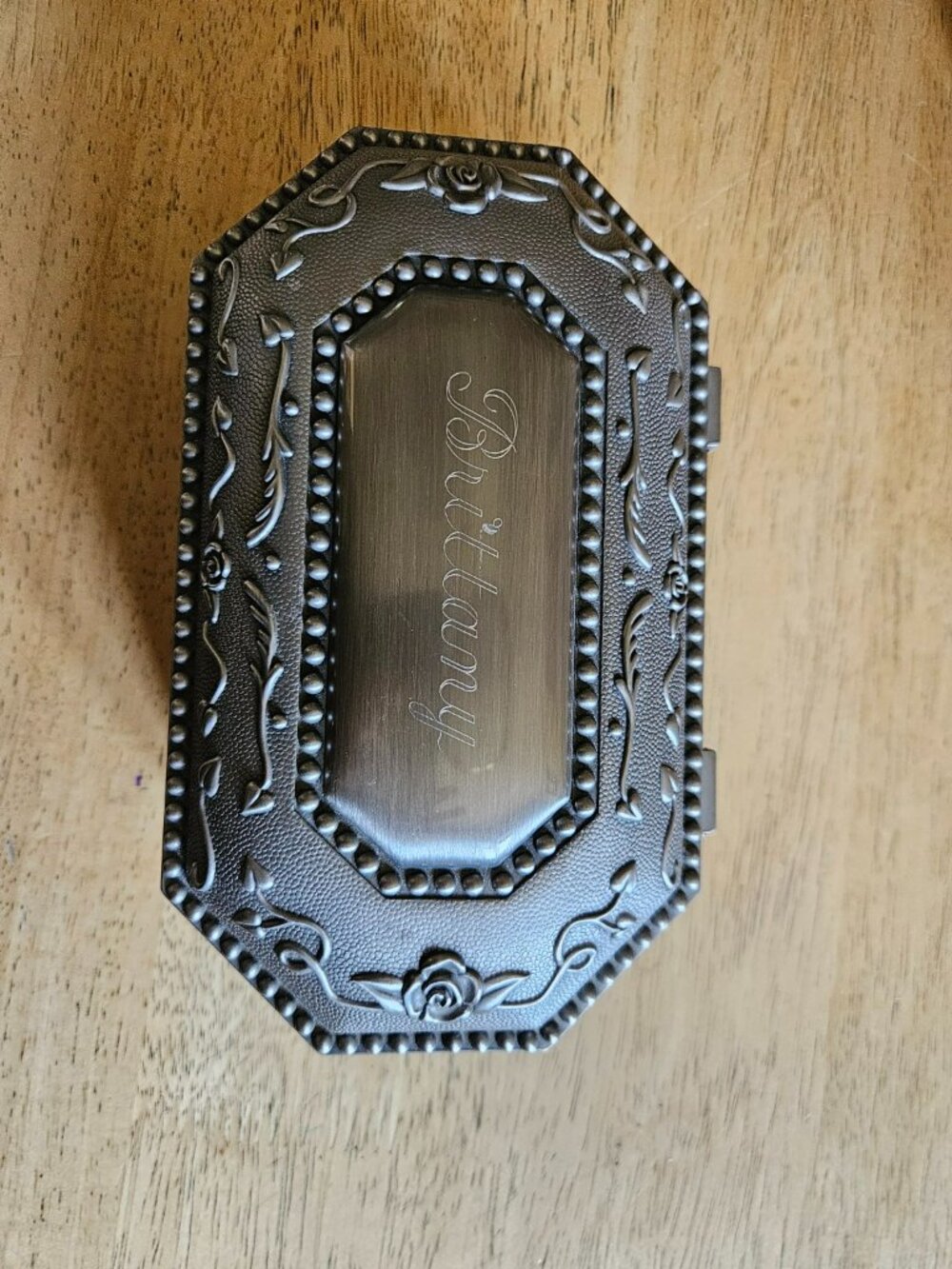 Vintage Pewter Tone Rose Music Box Brittany Jewelry Trinket Box Tested Works 8"